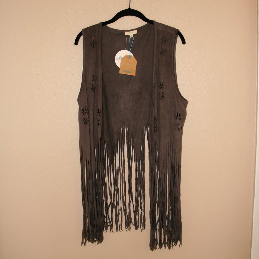 Kori America Sleeveless Fringe Jacket with flower cut outs